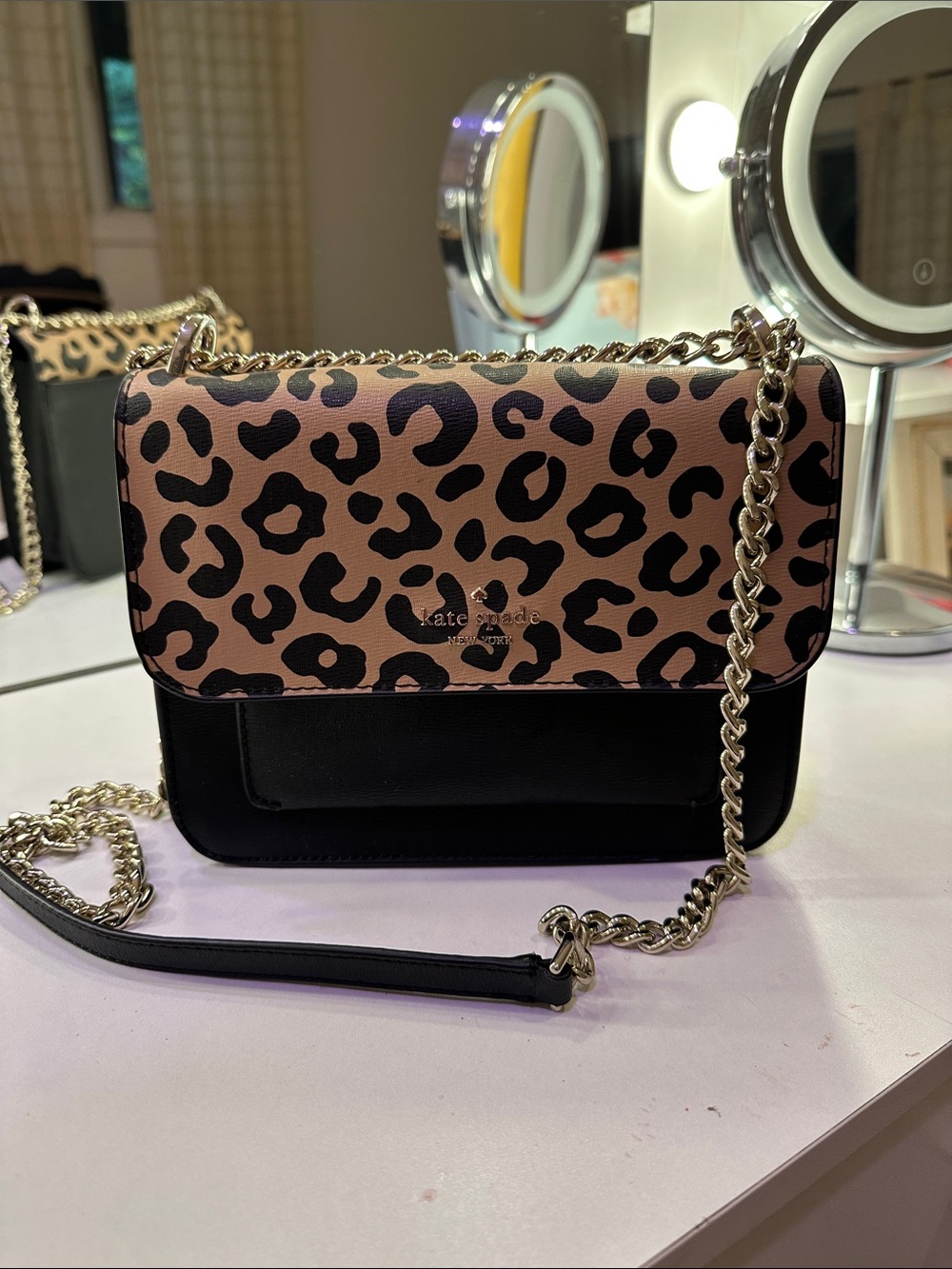 kate spade Leopard Print Flap Crossbody in Black and Tan